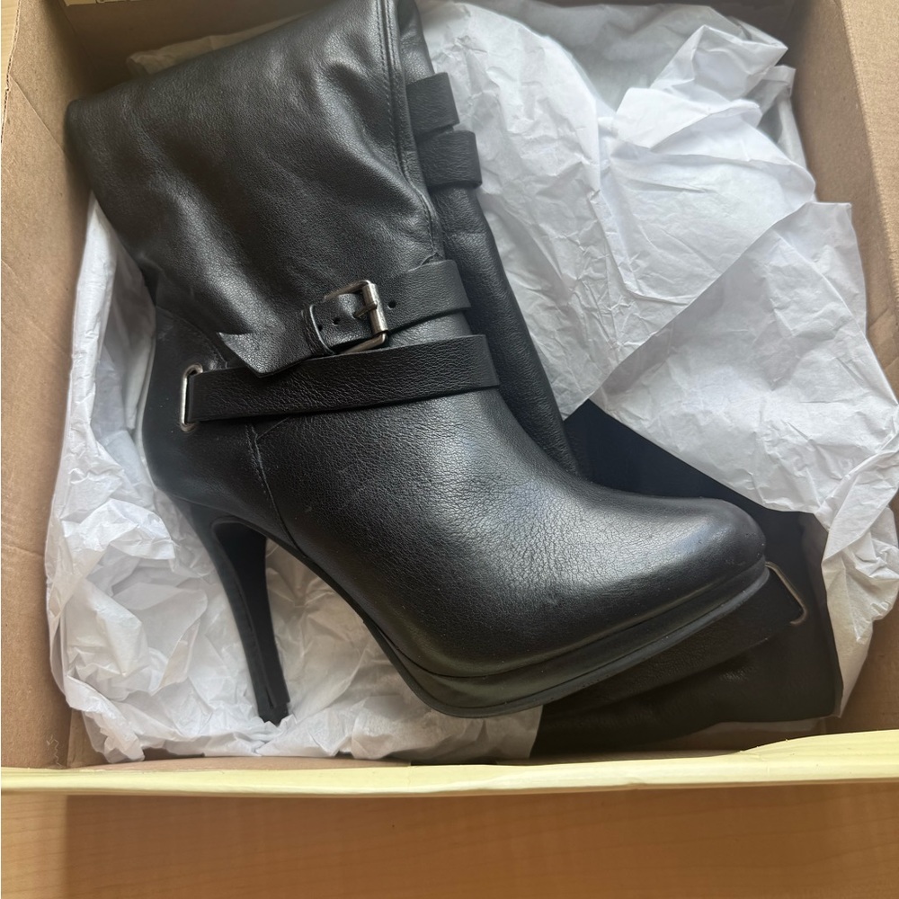 Cathy Jean Black Leather High-Stiletto Buckle Ankle Boots